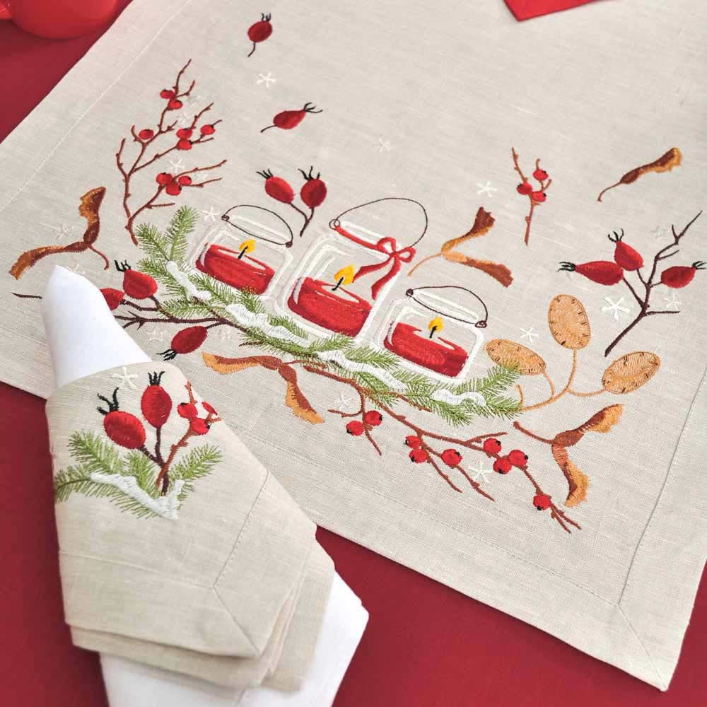 140x40 CM Embroidered Ukrainian Dog-rose Linen Tablecloth Runner