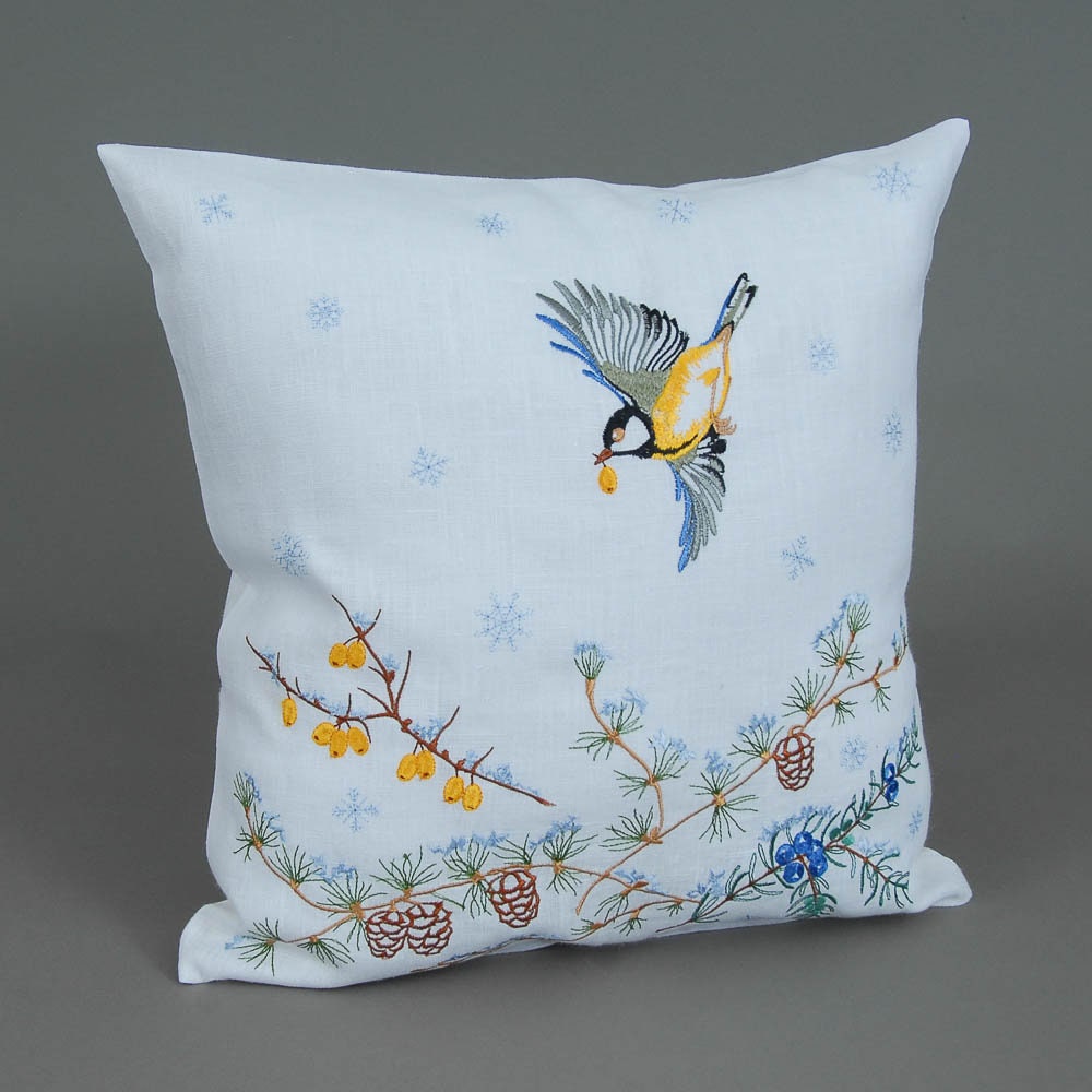 Ukrainian Embroidered Bird Pillowcases 40x40 CM - White Linen Decorative Pillow Covers