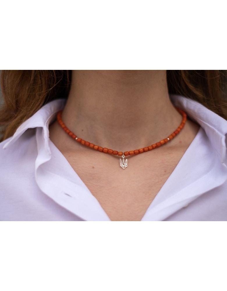 Ukrainian Traditional Silver Trident Ethnic Jewelry with Terracotta Coral Necklace