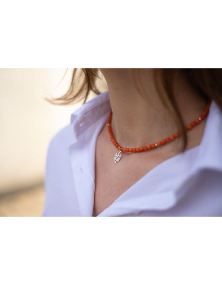 Ukrainian Traditional Silver Trident Ethnic Jewelry with Terracotta Coral Necklace