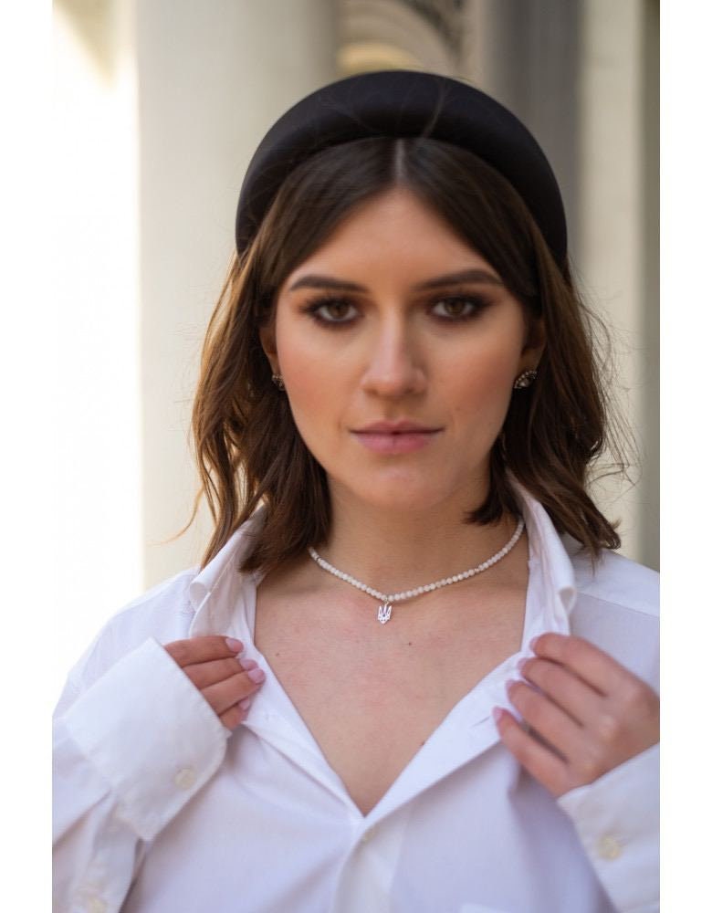 Ukrainian Traditional Mother-of-Pearl Necklace with Silver Trident - Ethnic Jewelry