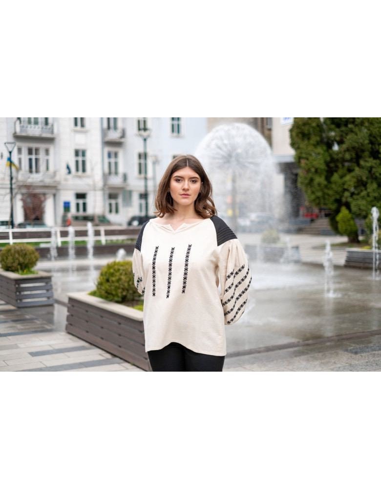 Beige Linen Ukrainian Vyshyvanka Blouse - Embroidered Bohemian Ethnic Shirt
