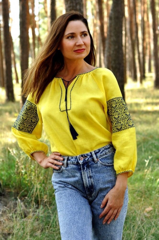 Yellow Linen Ukrainian Vyshyvanka Blouse - Embroidered Women's Traditional Top