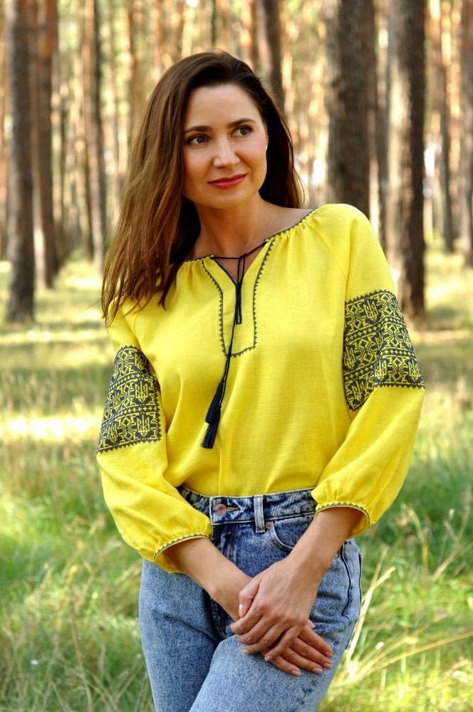 Yellow Linen Ukrainian Vyshyvanka Blouse - Embroidered Women's Traditional Top