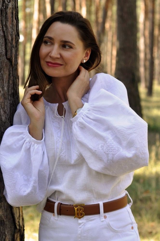 White Ukrainian Vyshyvanka Blouse | Embroidered Bohemian Ethnic Shirt for Women