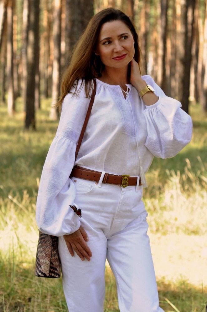 White Ukrainian Vyshyvanka Blouse | Embroidered Bohemian Ethnic Shirt for Women