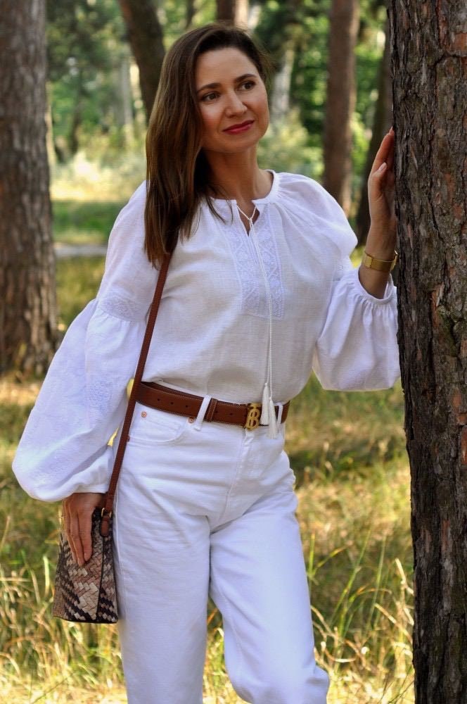 White Ukrainian Vyshyvanka Blouse | Embroidered Bohemian Ethnic Shirt for Women