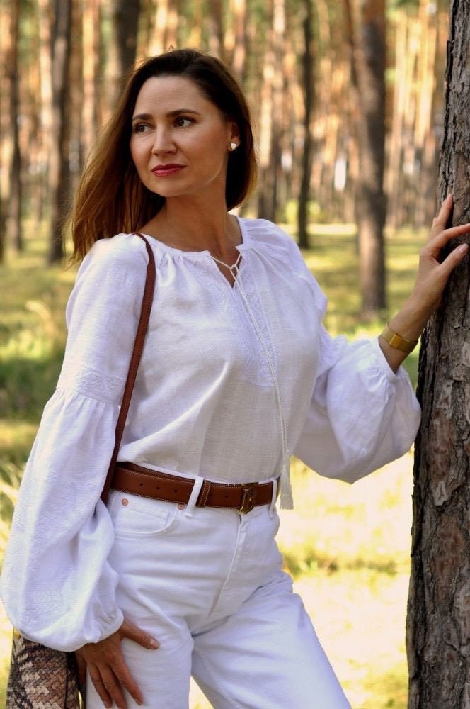 White Ukrainian Vyshyvanka Blouse | Embroidered Bohemian Ethnic Shirt for Women