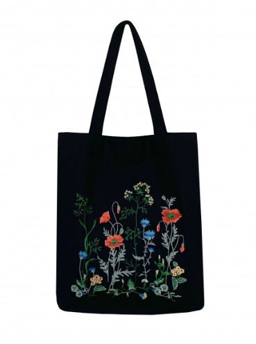 Black Ukrainian Linen Boho Shoulder Bag – Embroidered Floral Hippie Tote