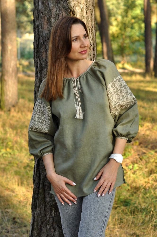 Linen Ukrainian Vyshyvanka Blouse - Embroidered Women's Traditional Top