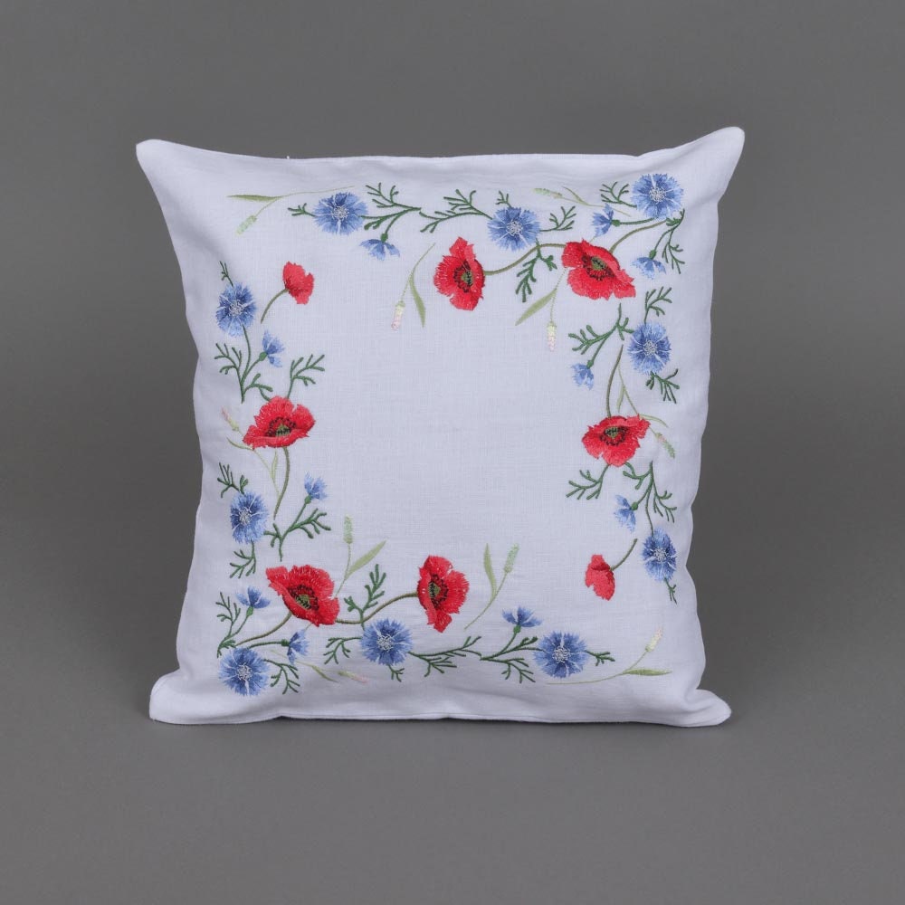 Embroidered Ukrainian Floral Pillowcases 40x40 CM - White Linen with Poppies & Cornflowers