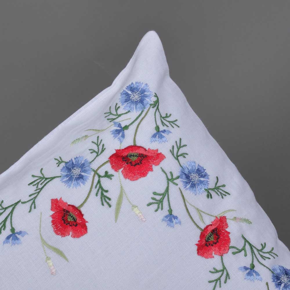 Embroidered Ukrainian Floral Pillowcases 40x40 CM - White Linen with Poppies & Cornflowers