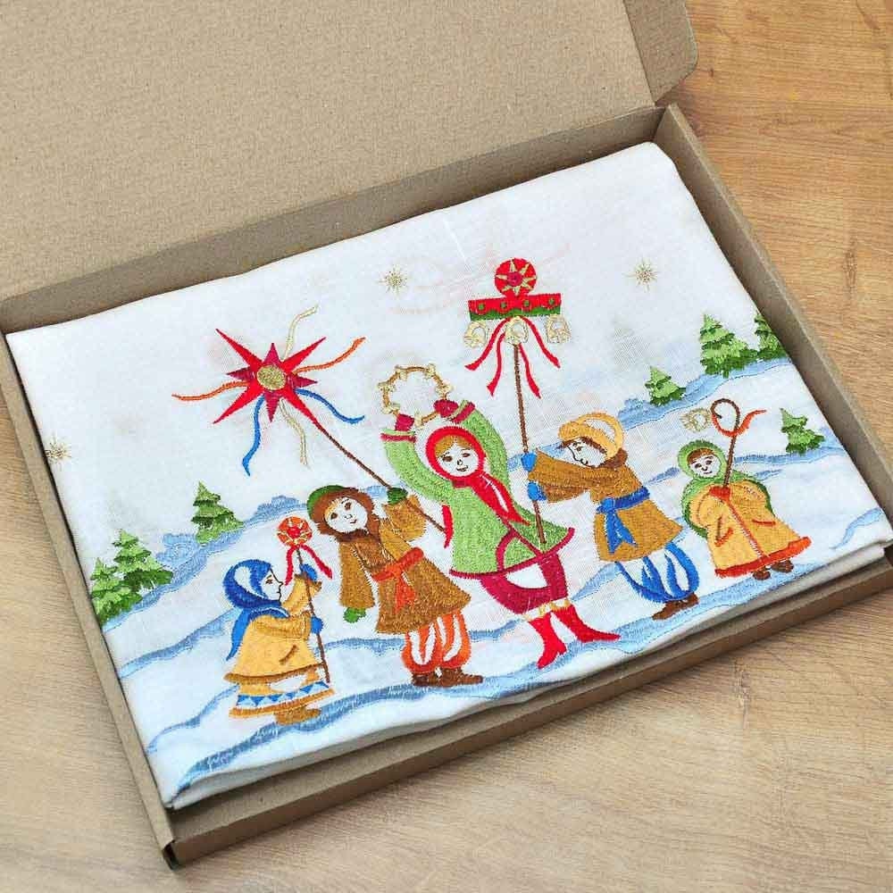 Embroidered Christmas Carol Tablecloth Runner - 140x40 CM Ukrainian Design