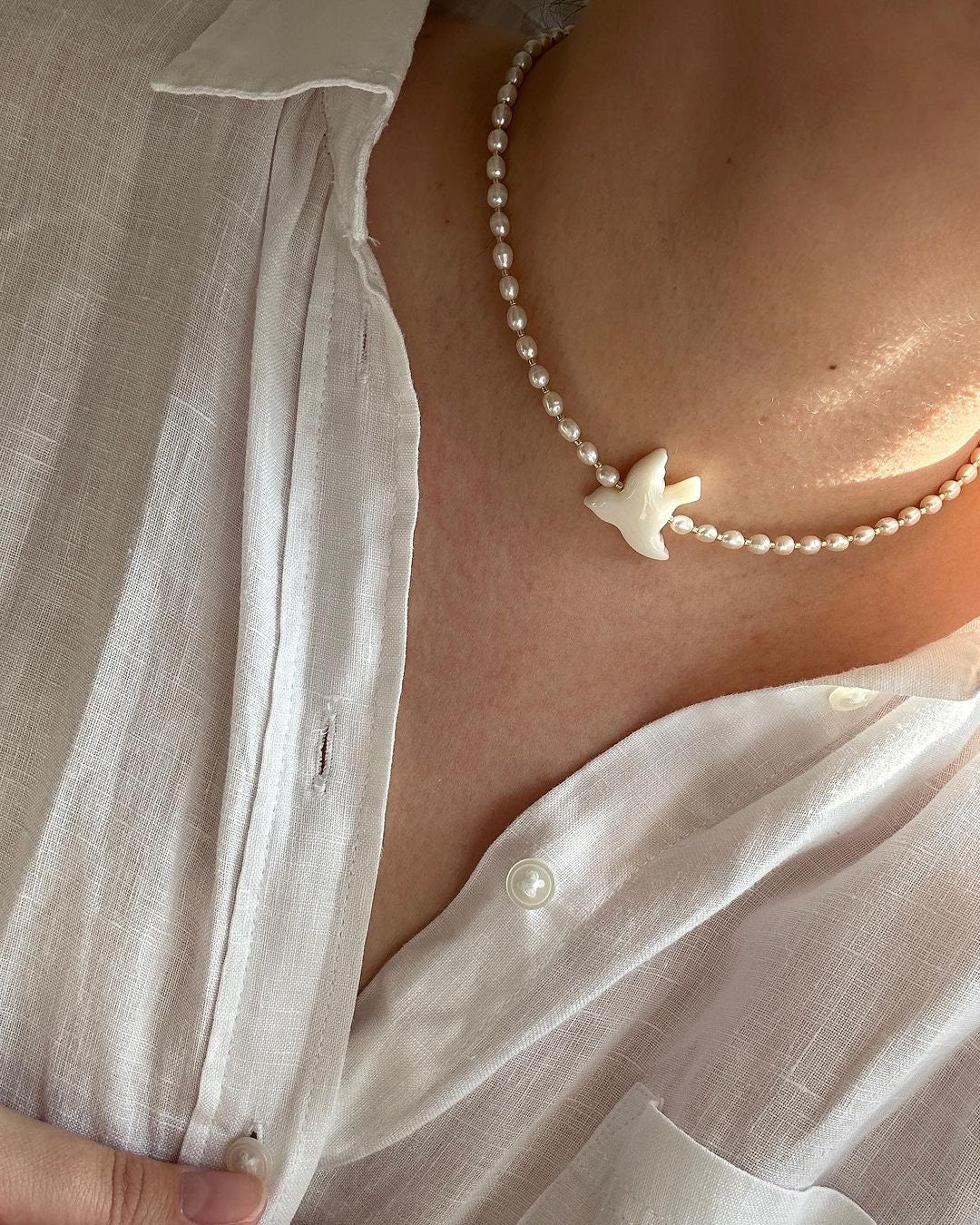 2025 Handmade Bird Necklace with Natural River Pearls - Ukrainian Jewelry