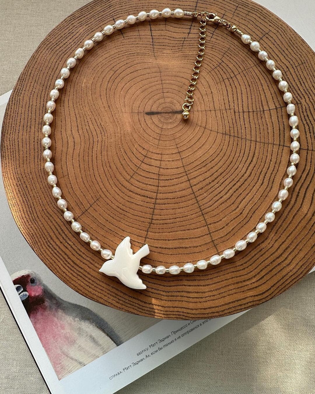 2025 Handmade Bird Necklace with Natural River Pearls - Ukrainian Jewelry