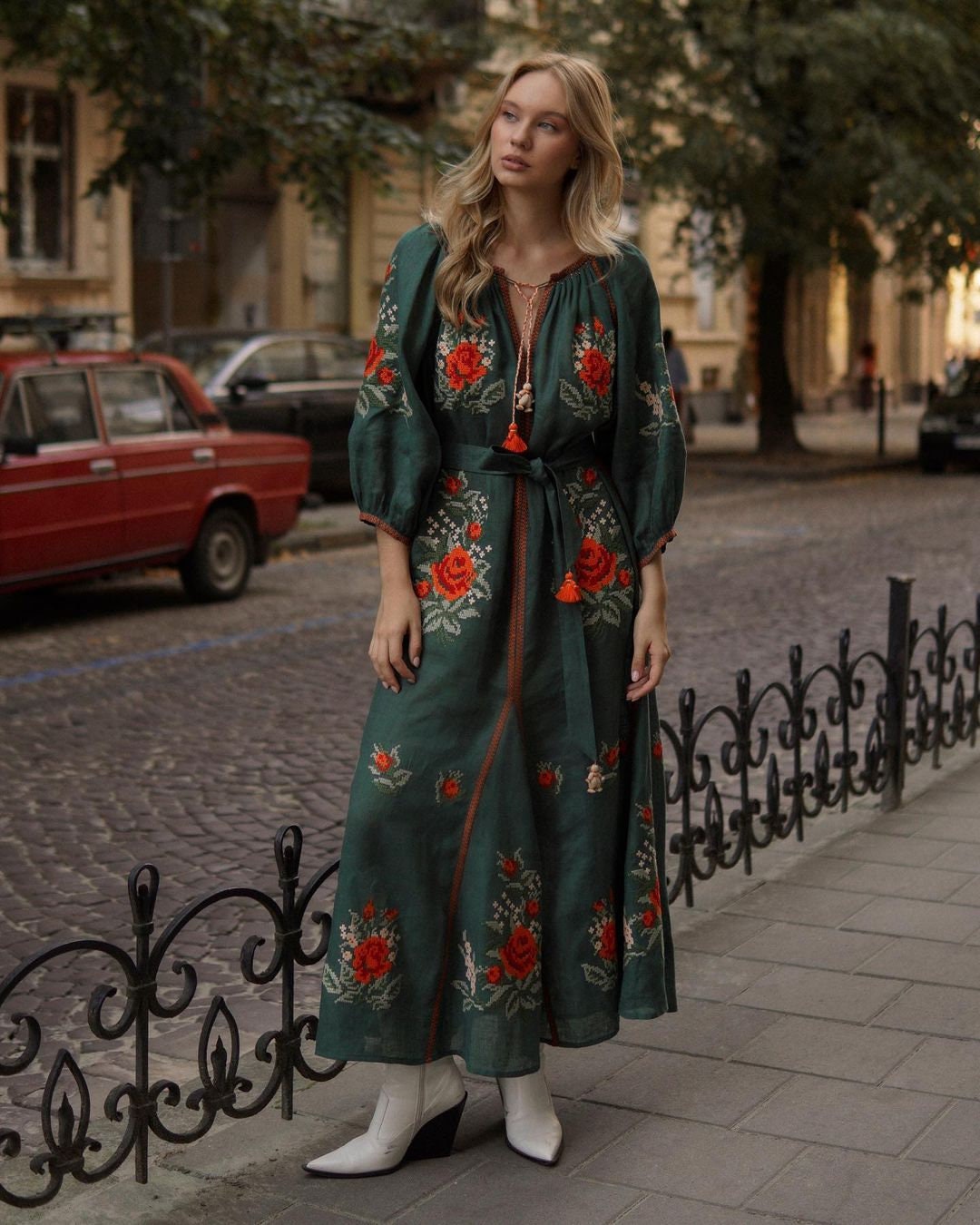 Green Ukrainian Embroidered Linen Boho Dress for Women