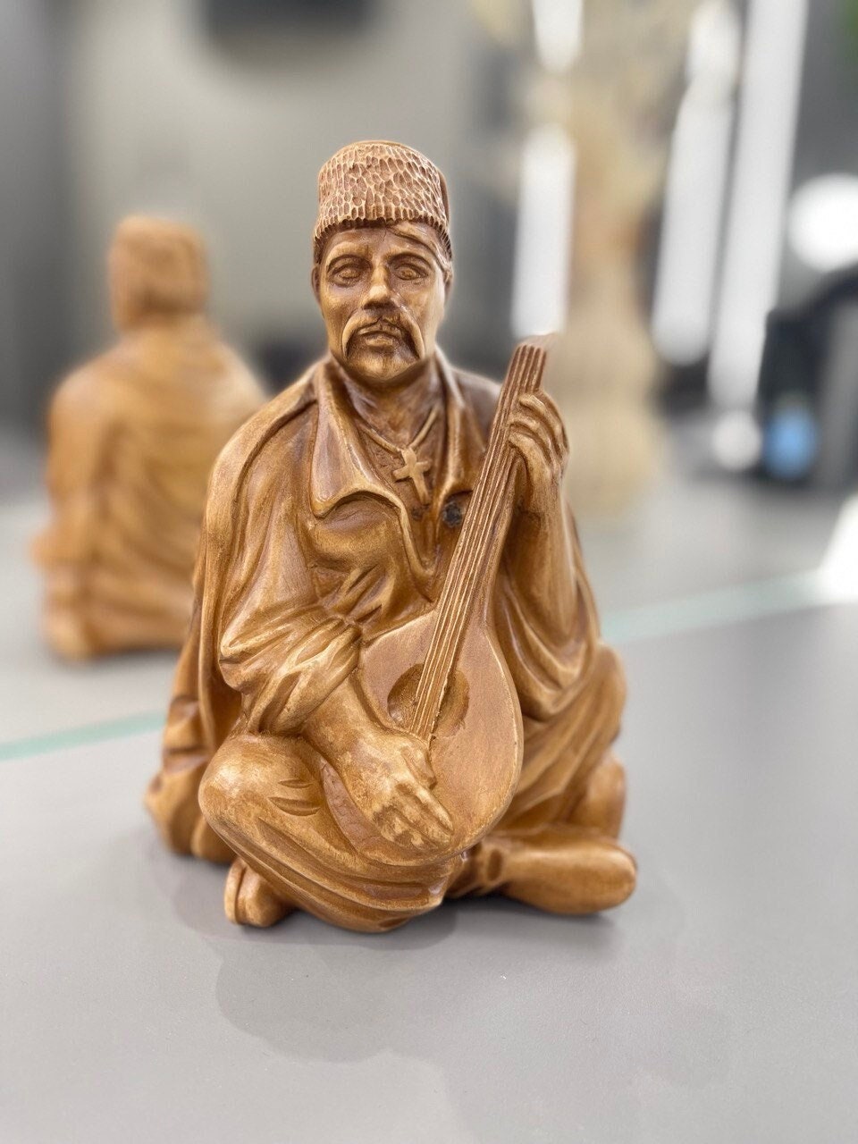 Handmade Wooden Bandurist Statue – Ukrainian Linden Wood Figurine for Weddings and Special Occasions