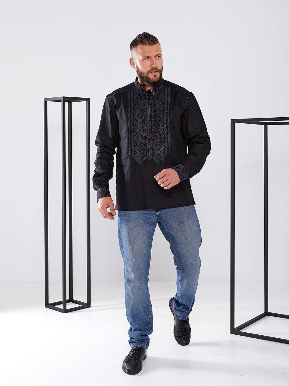 Black Linen Embroidered Vyshyvanka Shirt for Men