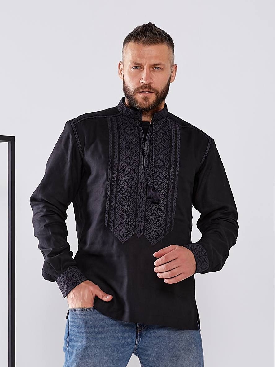 Black Linen Ukrainian Vyshyvanka Shirt for Men - Embroidered Traditional Design