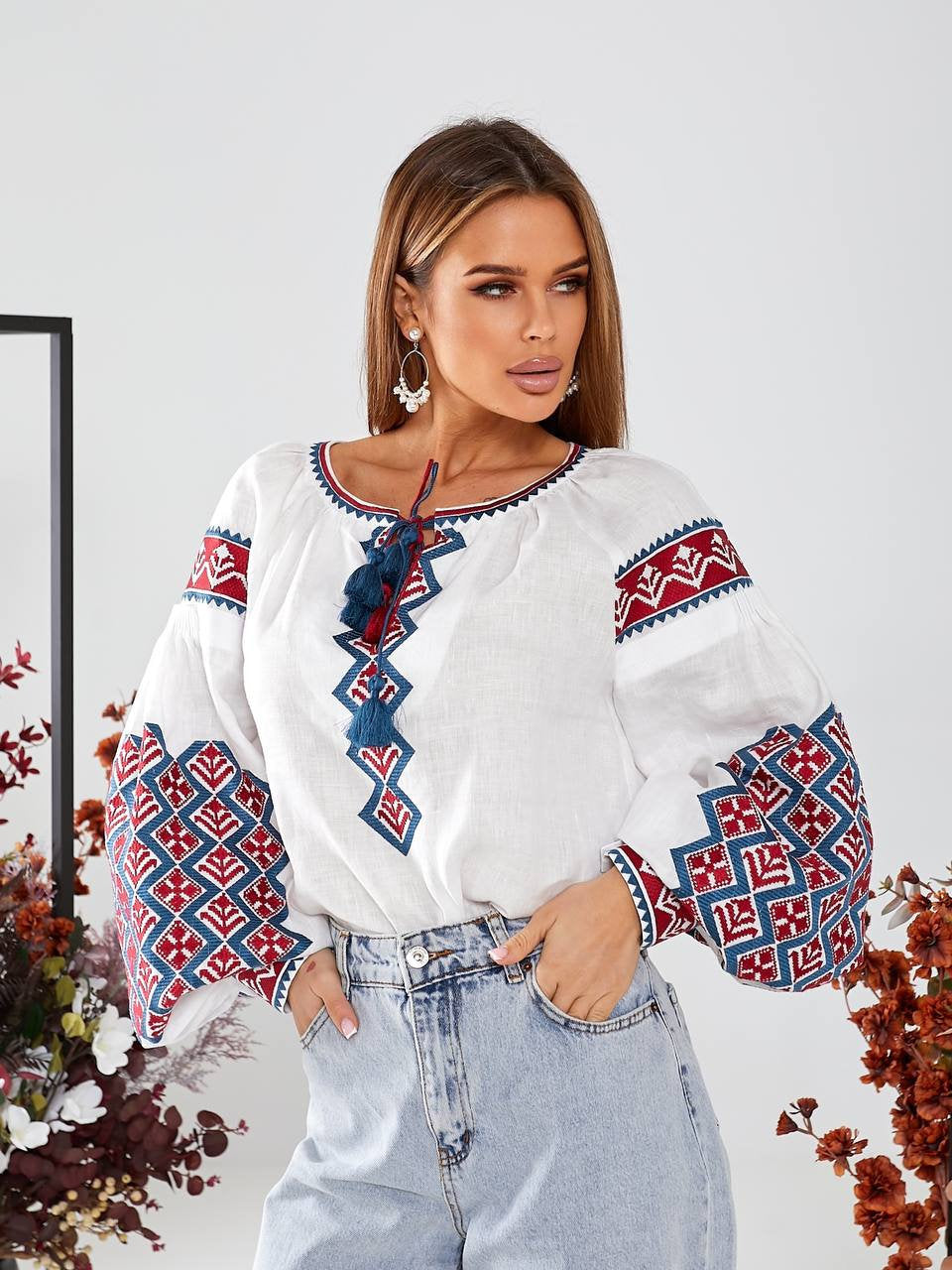 White Ukrainian Vyshyvanka Blouse - Embroidered Bohemian Ethnic Shirt for Easter