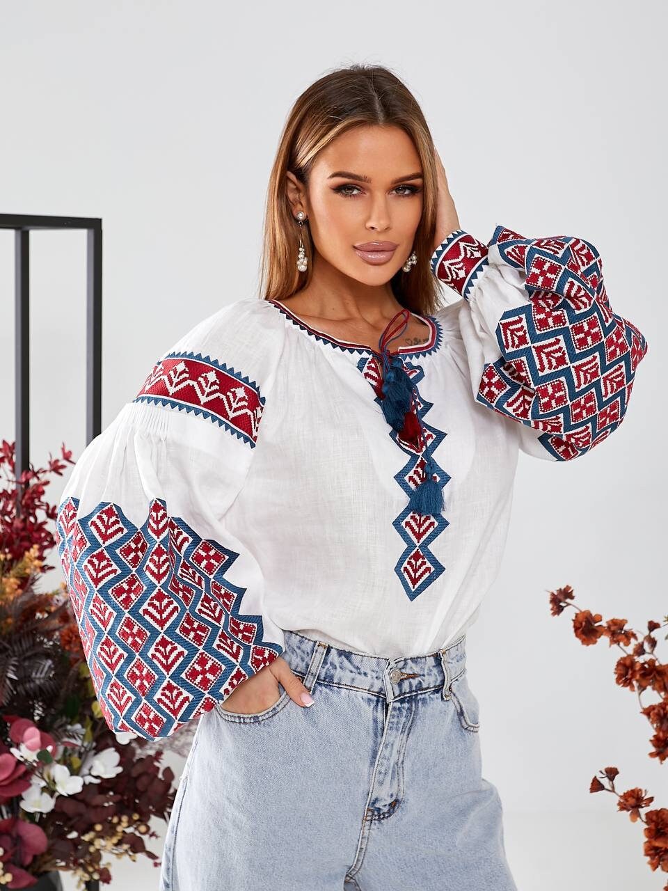 White Ukrainian Vyshyvanka Blouse - Embroidered Bohemian Ethnic Shirt for Easter