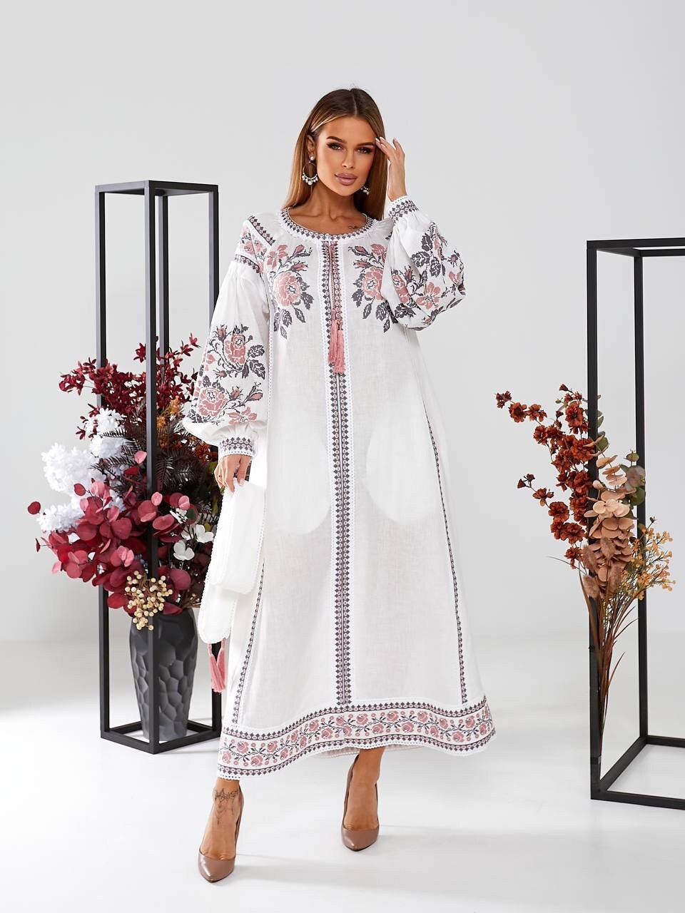 Boho White Linen Embroidered Vyshyvanka Dress with Ukrainian Pink Embroidery