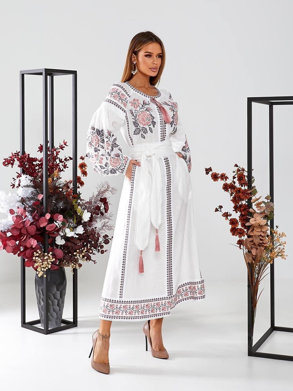 Boho White Linen Embroidered Vyshyvanka Dress with Ukrainian Pink Embroidery