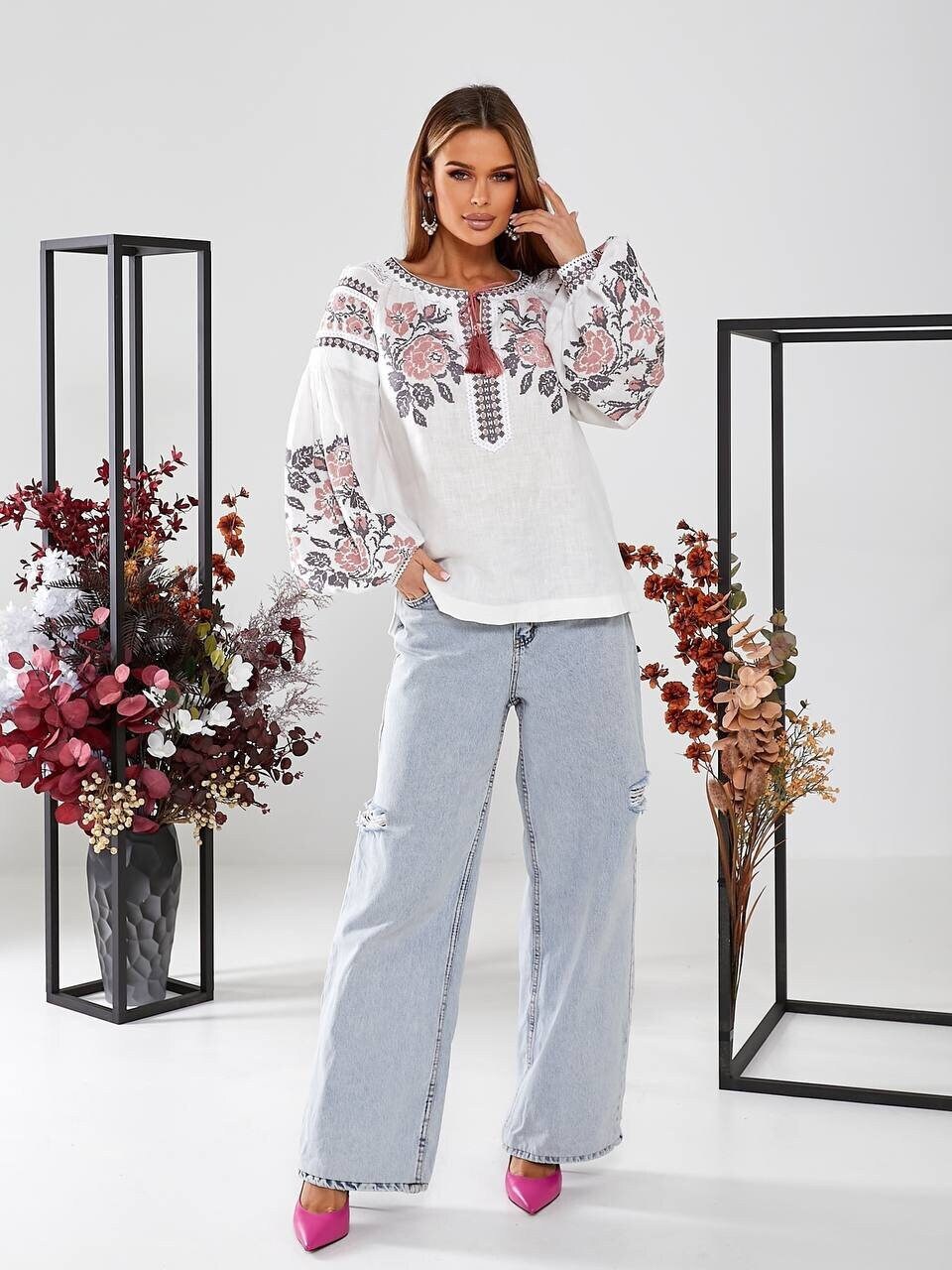 White Ukrainian Vyshyvanka Blouse with Pink Embroidery - Bohemian Ethnic Style