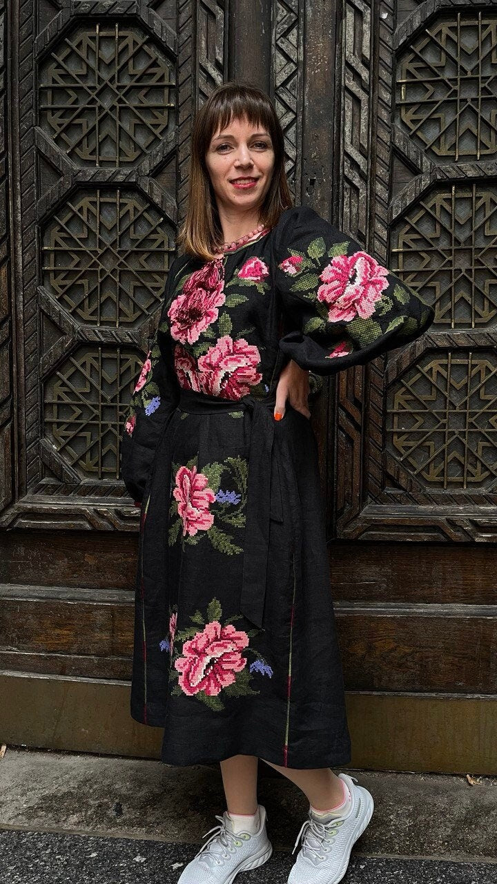 Ukrainian Vyshyvanka Black Floral Embroidered Dress - Bohemian Ethnic Style
