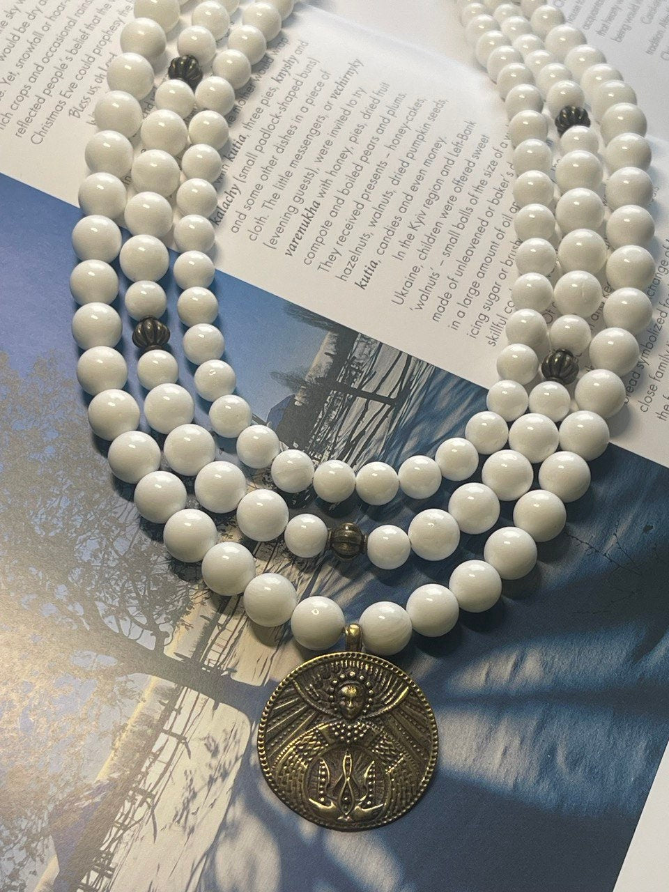 White Ukrainian Ethnic Necklace - Antique Mother of Pearl Beads