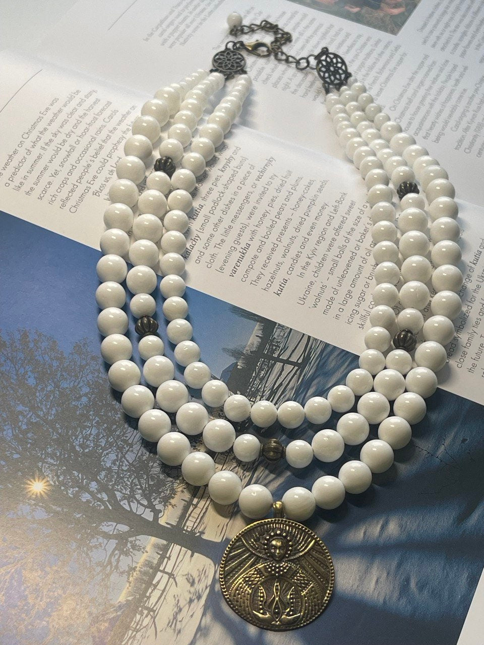 White Ukrainian Ethnic Necklace - Antique Mother of Pearl Beads