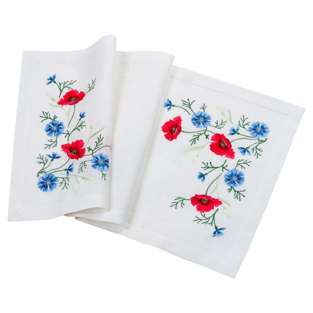 White Linen Runner 88x40 cm - Poppies & Cornflowers Ukrainian Embroidery for Easter & Mother's Day
