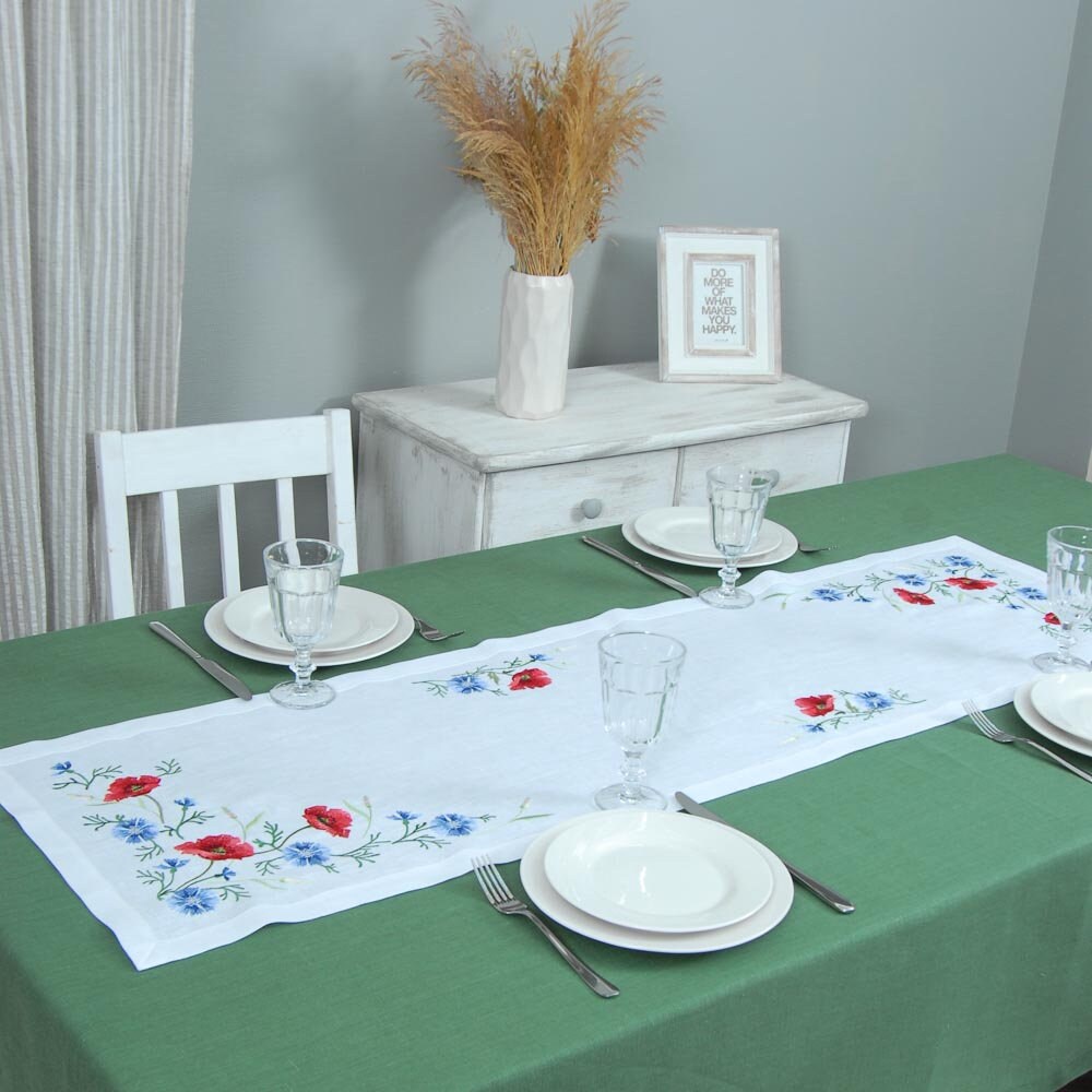 Ukrainian Embroidered Tablecloth - Poppy & Cornflower Design, 136x40 CM
