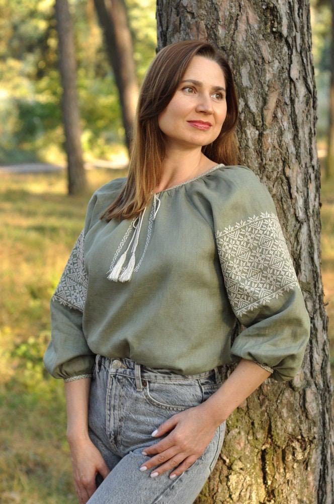 Linen Ukrainian Vyshyvanka Blouse - Embroidered Women's Traditional Top