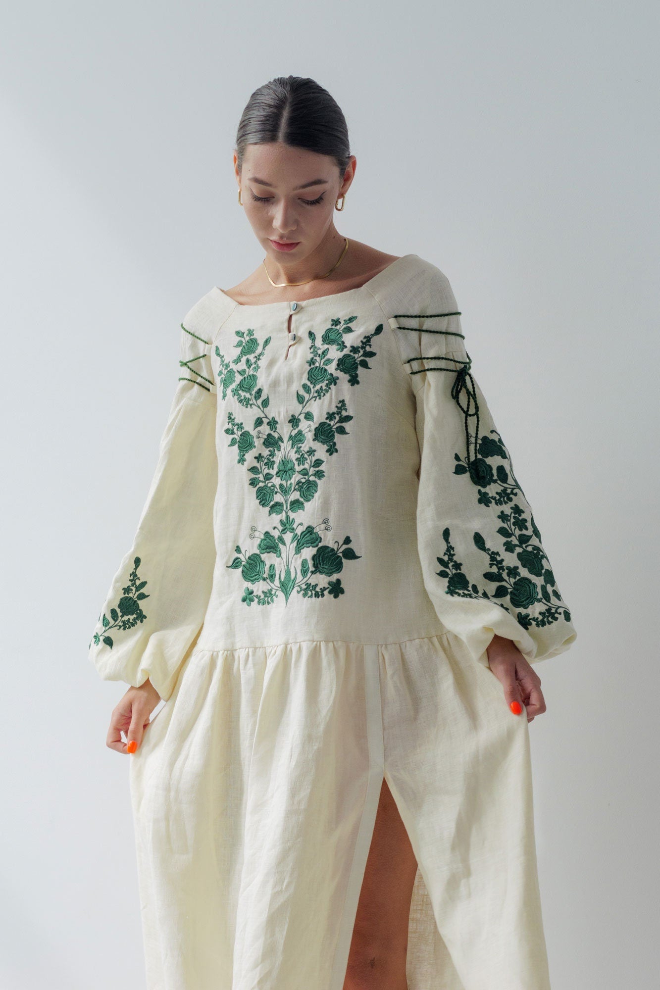 Beige Linen Vyshyvanka Dress with Ukrainian Green Embroidery - Boho Style