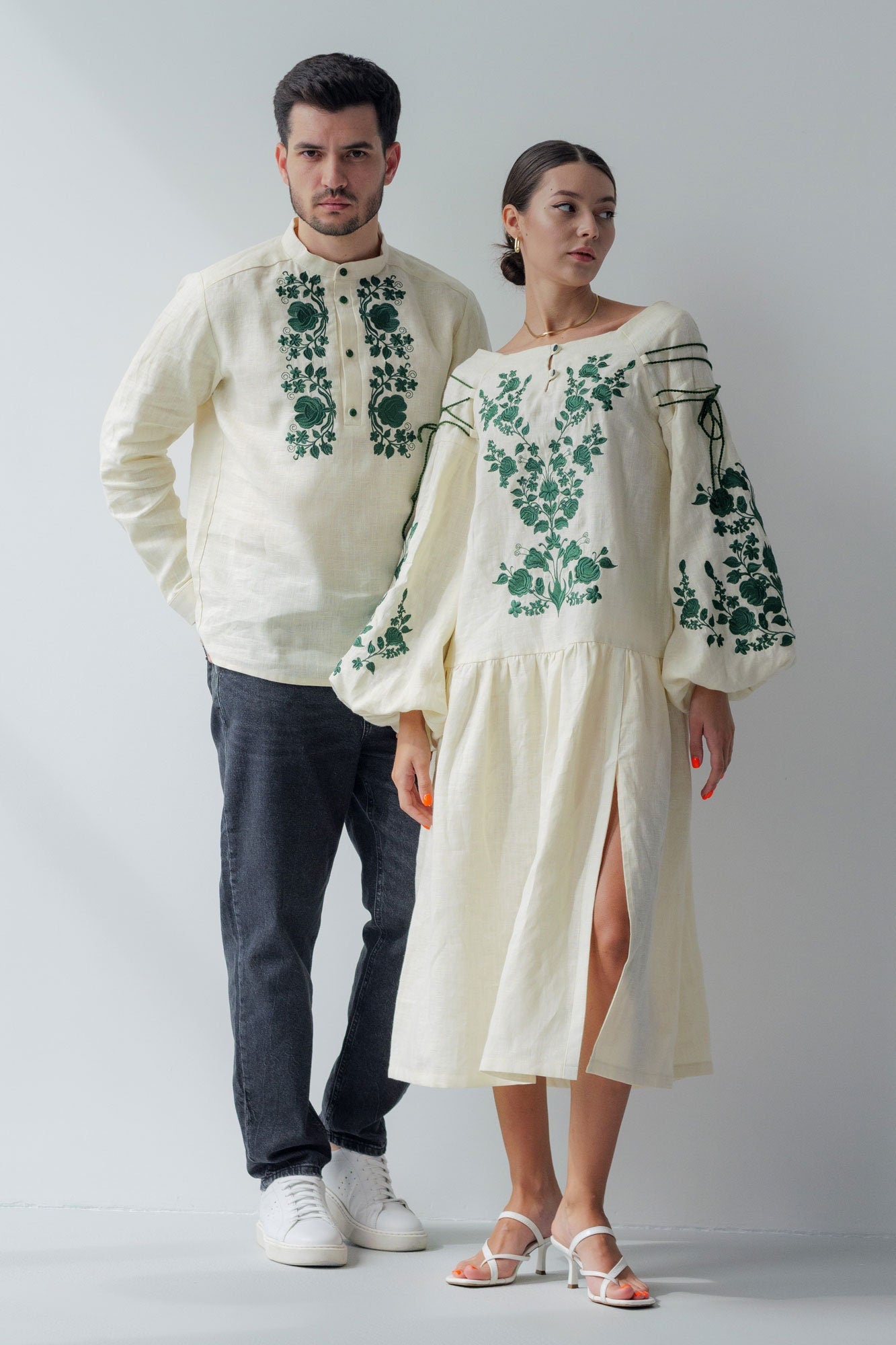 Beige Linen Vyshyvanka Dress with Ukrainian Green Embroidery - Boho Style