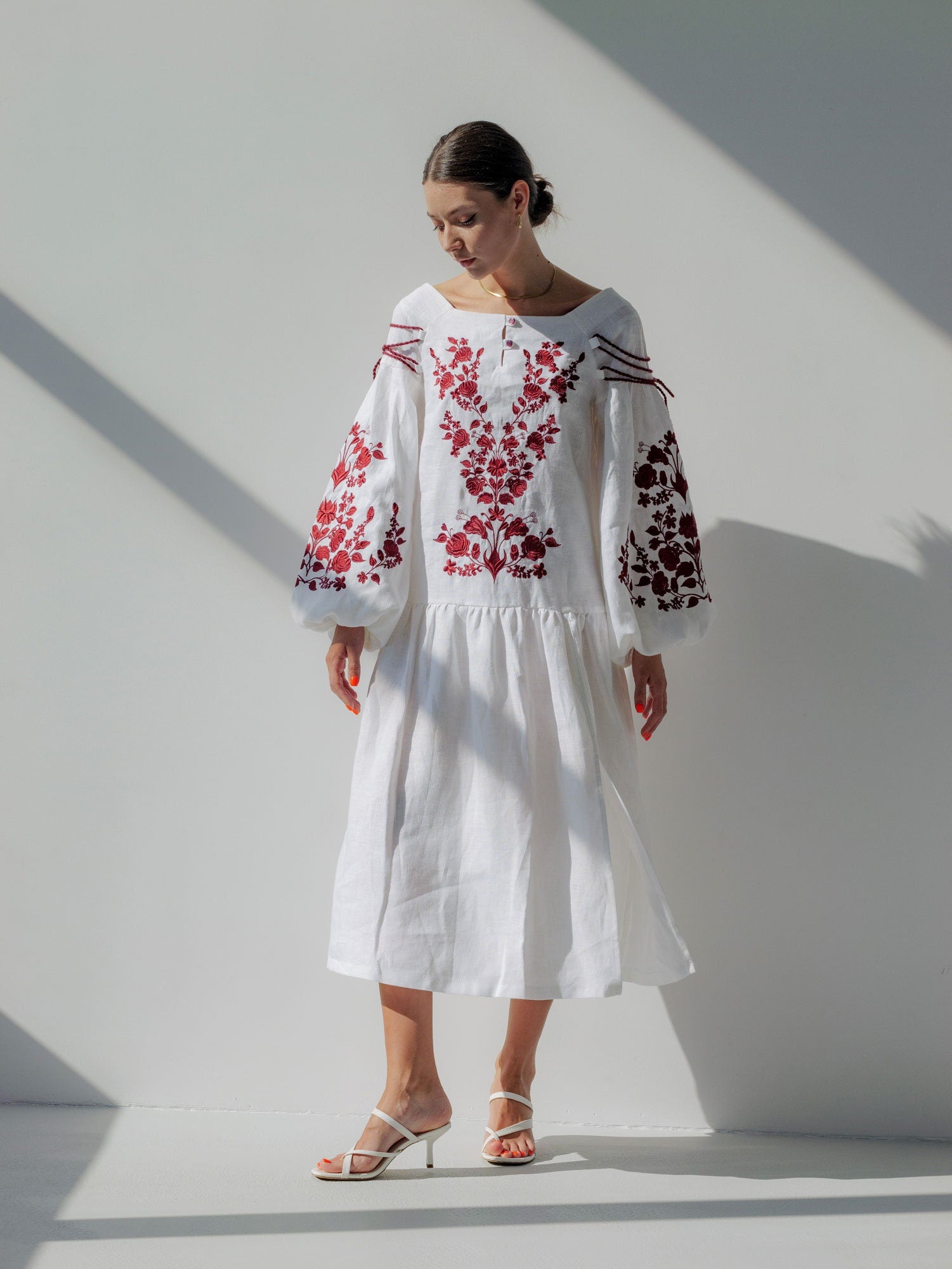 White Linen Vyshyvanka Dress with Exquisite Ukrainian Red Embroidery – Boho Style
