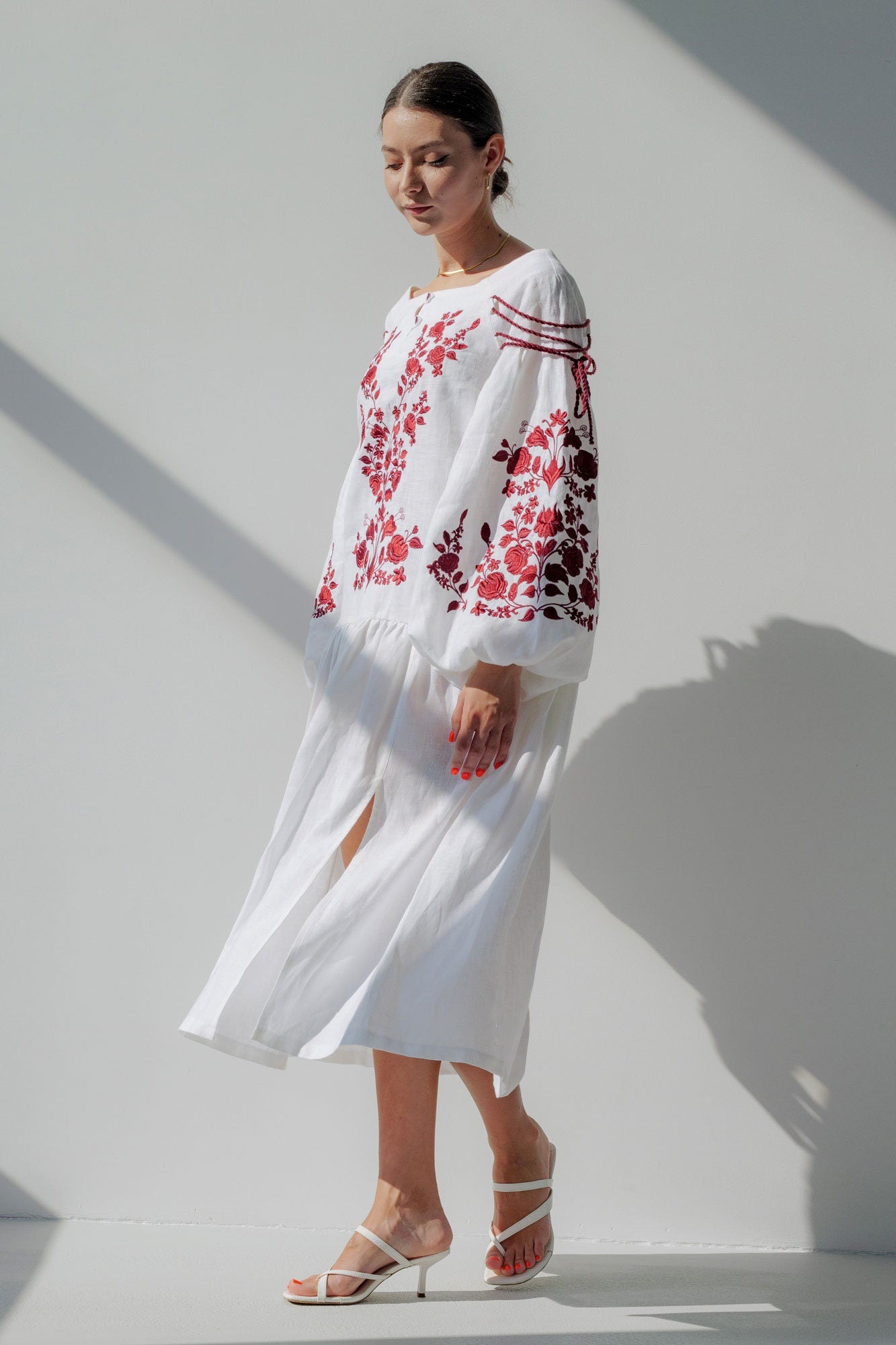 White Linen Vyshyvanka Dress with Exquisite Ukrainian Red Embroidery – Boho Style