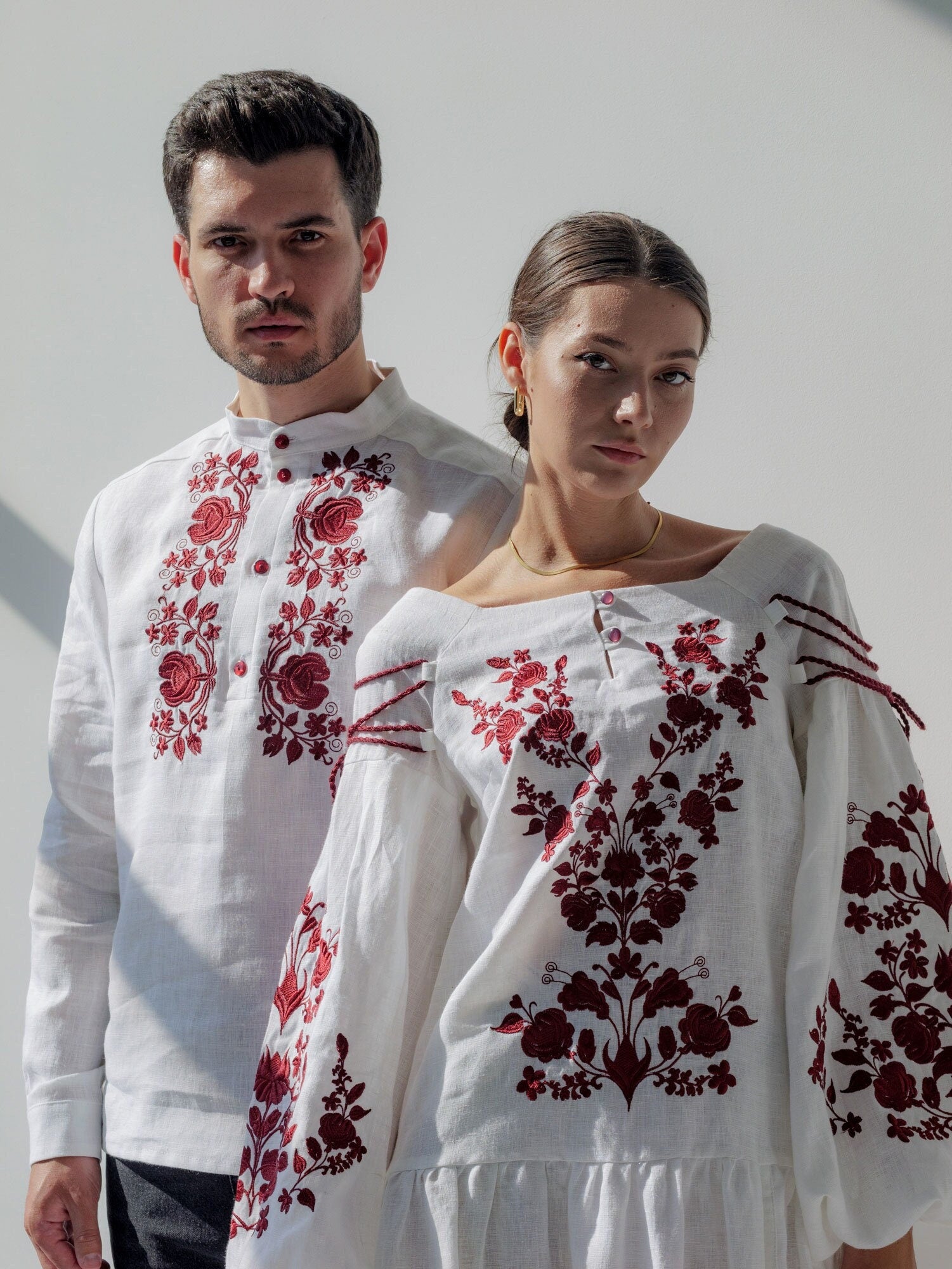 White Linen Vyshyvanka Dress with Exquisite Ukrainian Red Embroidery – Boho Style