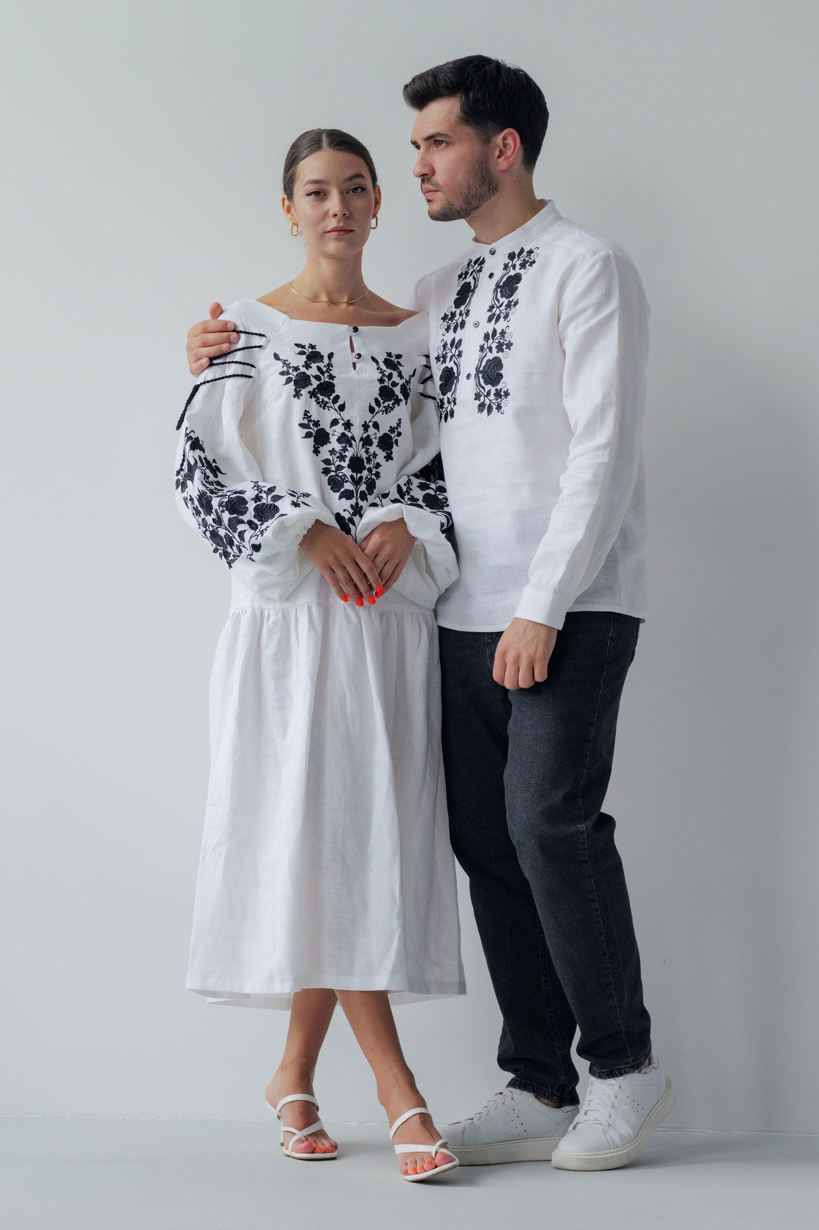White Linen Vyshyvanka Dress with Ukrainian Embroidery - Boho Style