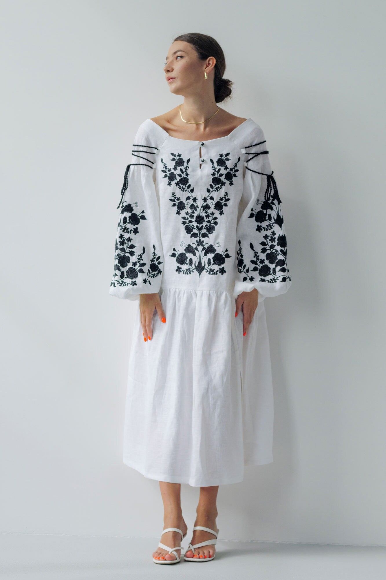 White Linen Vyshyvanka Dress with Ukrainian Embroidery - Boho Style