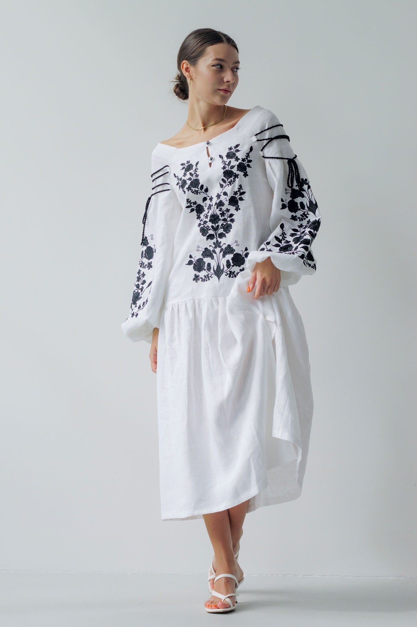 White Linen Vyshyvanka Dress with Ukrainian Embroidery - Boho Style
