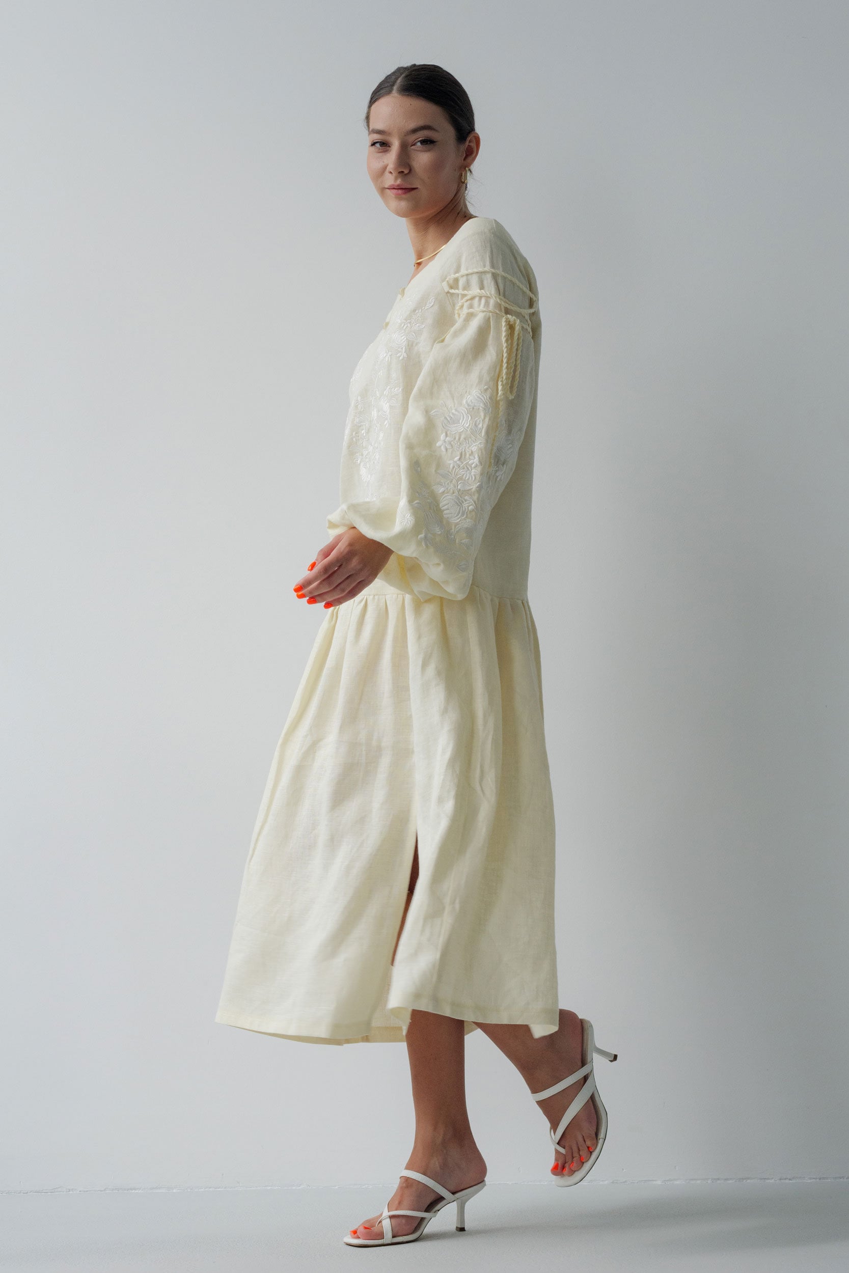 Beige Linen Vyshyvanka Dress with Exquisite Ukrainian Embroidery - Boho Style