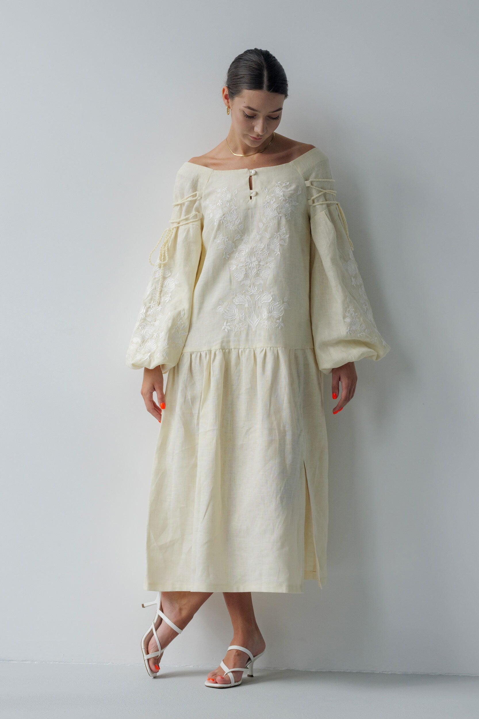 Beige Linen Vyshyvanka Dress with Exquisite Ukrainian Embroidery - Boho Style