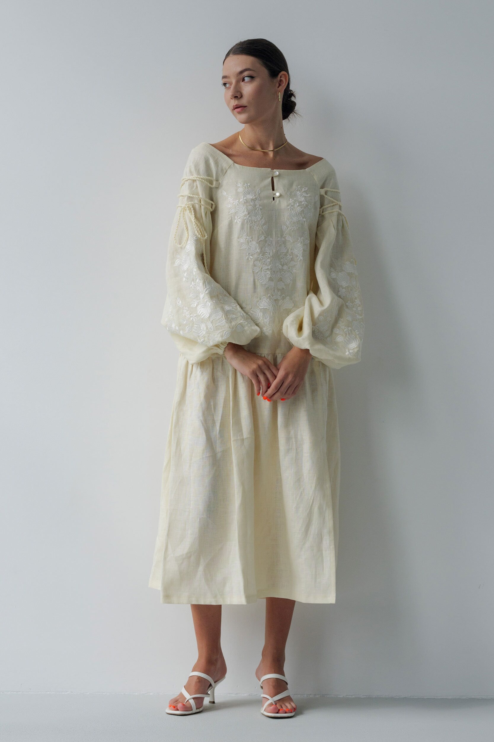 Beige Linen Vyshyvanka Dress with Exquisite Ukrainian Embroidery - Boho Style