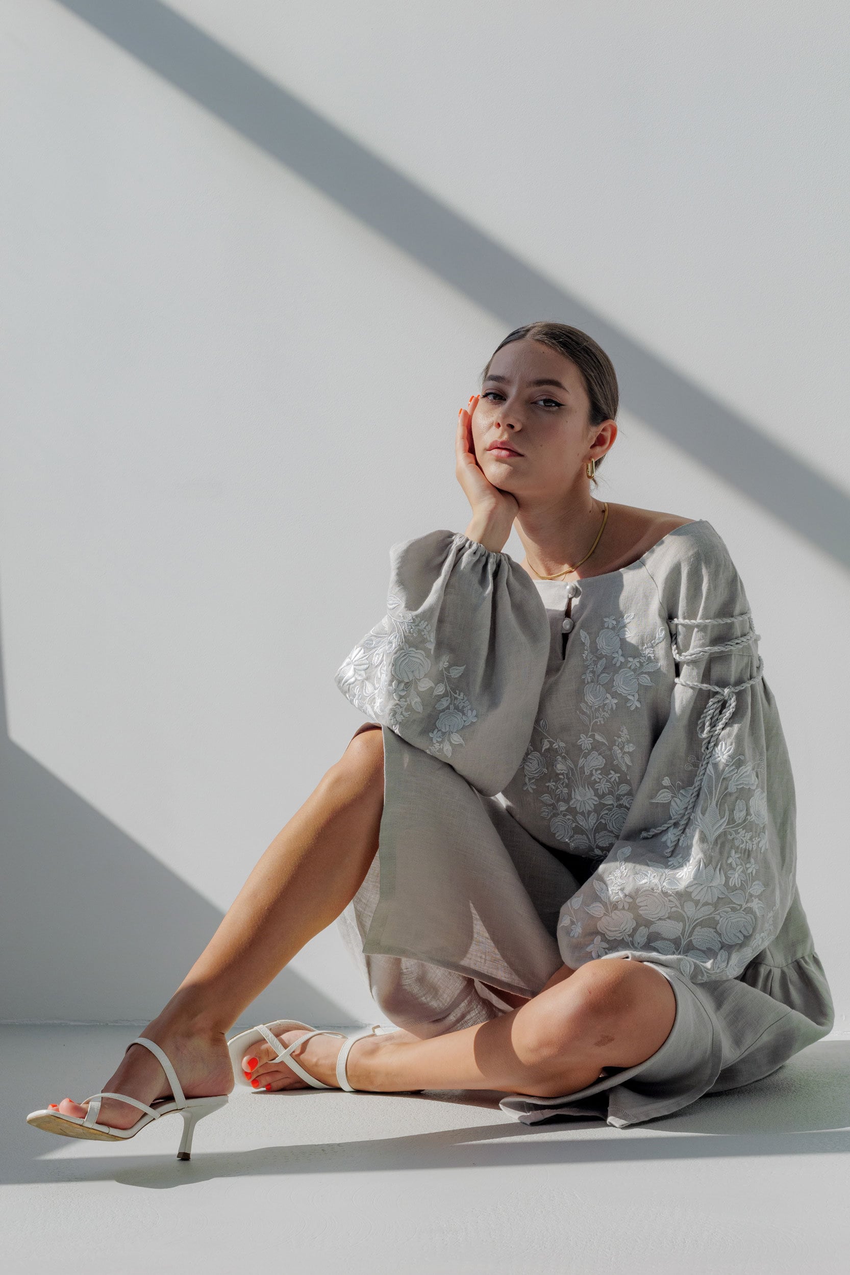 Gray Linen Vyshyvanka Dress with Exquisite Ukrainian Embroidery