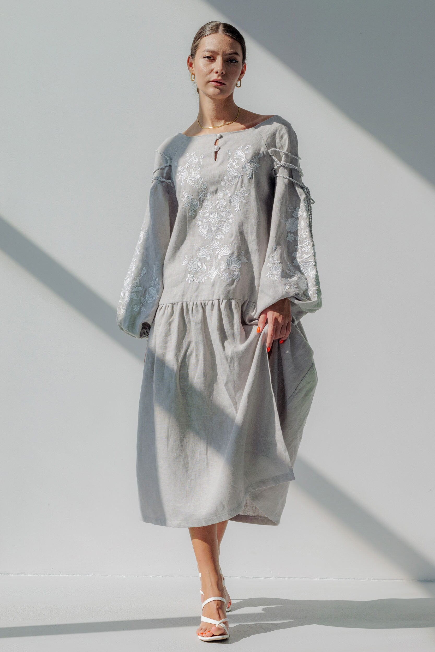 Gray Linen Vyshyvanka Dress with Exquisite Ukrainian Embroidery