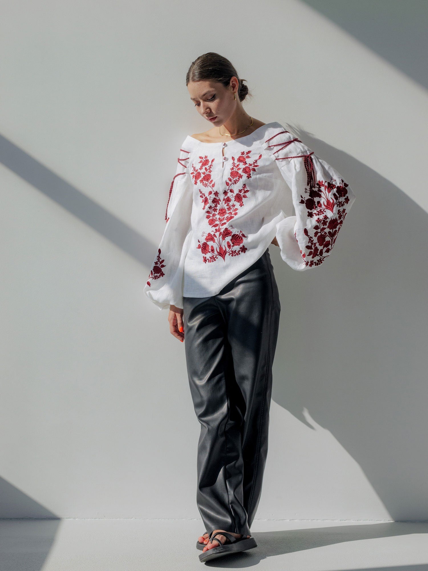 2025 White Ukrainian Vyshyvanka Blouse | Embroidered Bohemian Peasant Shirt