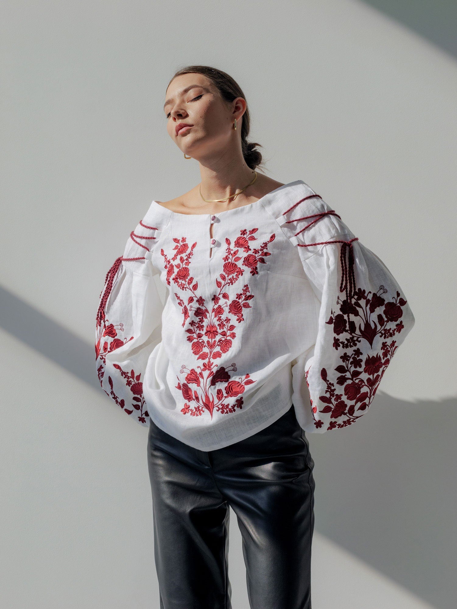 2025 White Ukrainian Vyshyvanka Blouse | Embroidered Bohemian Peasant Shirt