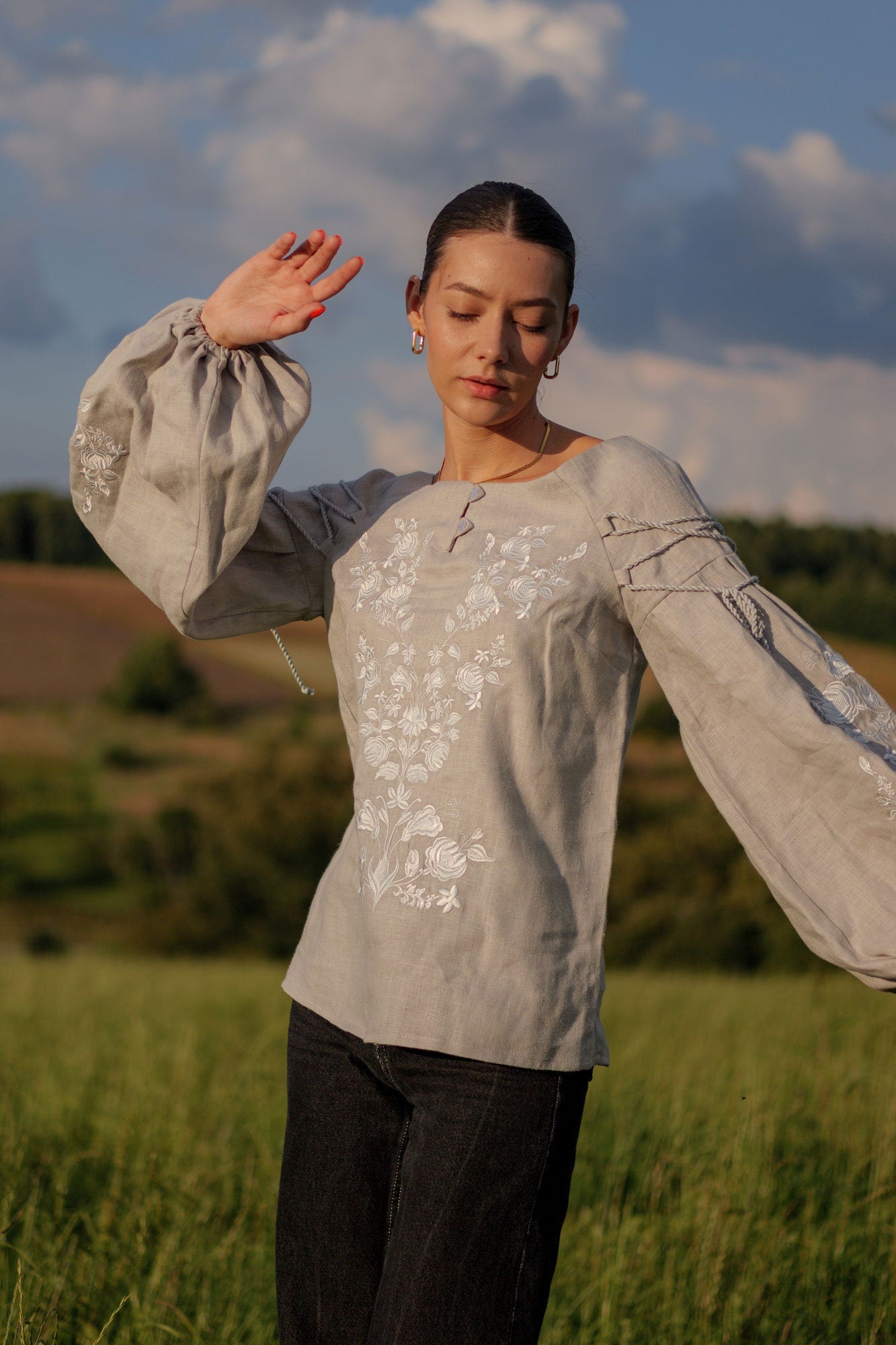 2025 New Grey Ukrainian Vyshyvanka Blouse - Embroidered Bohemian Ethnic Shirt